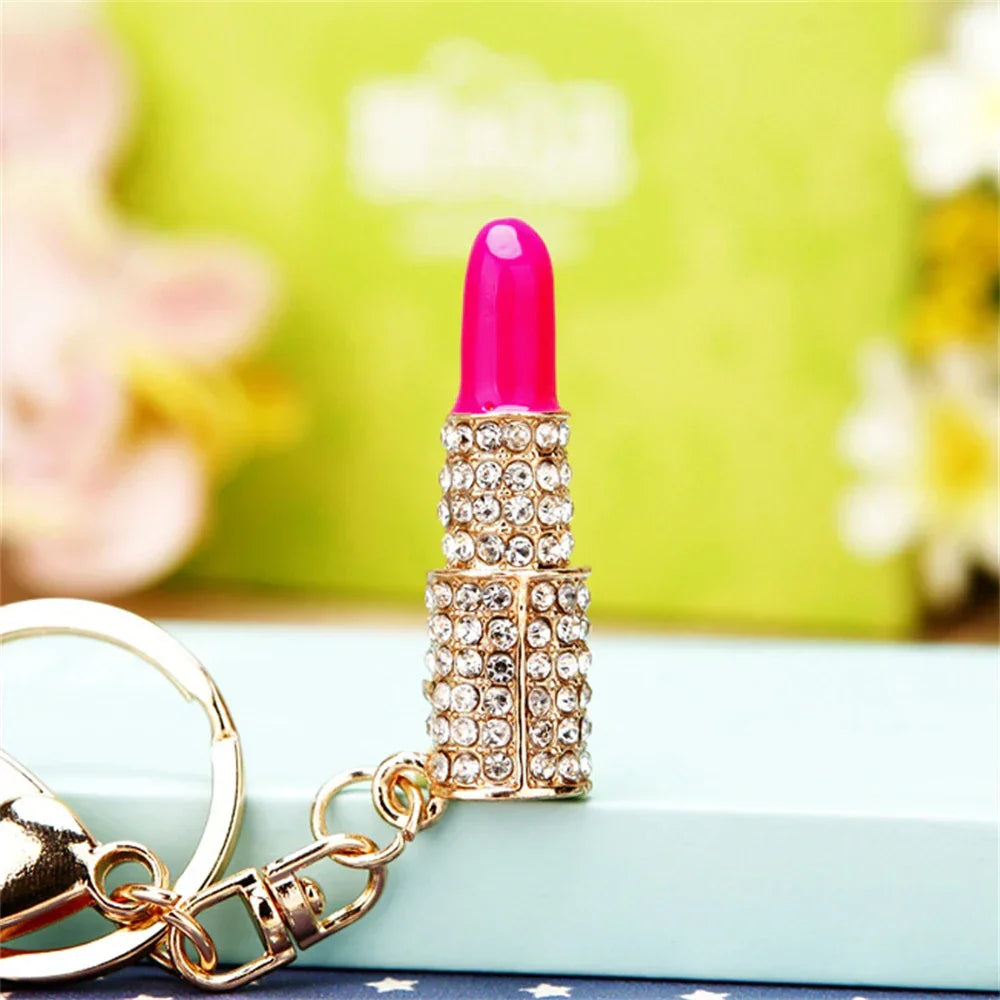 New Lipstick Lips Keychain with Black Rhinestones Key Ring Delicate Metal Pendant Charms for Women Girl Bag Car Accessories