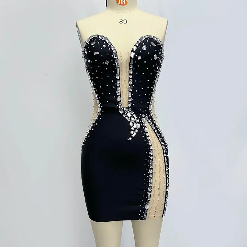 Women's Black Strapless Beaded Party Dress
