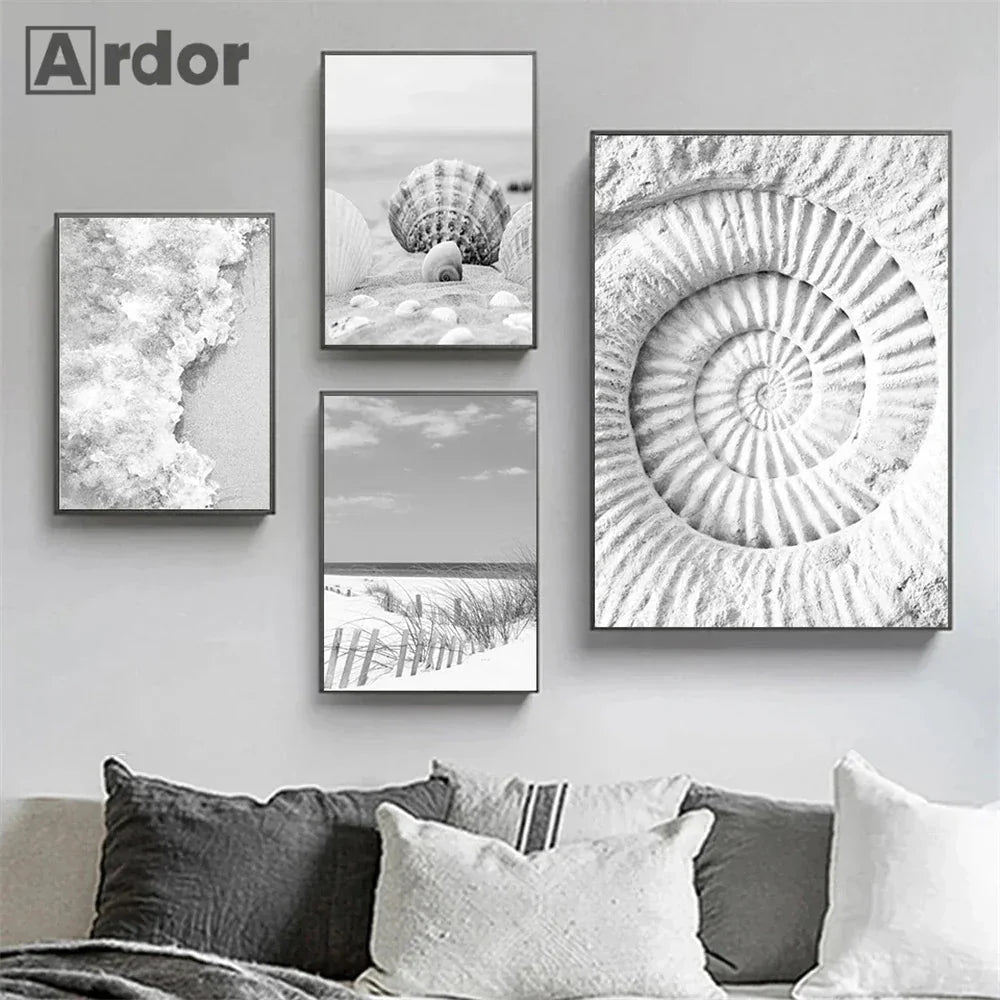 Sea Beach Waves Canvas Poster Black And White Wall Paintings Coconut Tree Art Prints Shell Starfish Print Pictures Bedroom Decor
