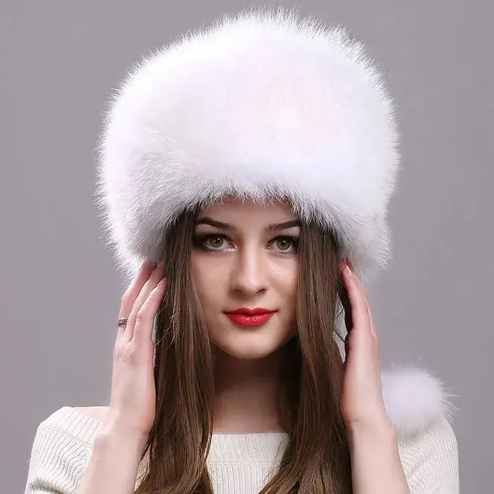 Real Fox Fur Hat for Women with Leather Top Mongolian Princess Hat with Pompom Winter Warm beanie Russian Cap Bonnets for Women