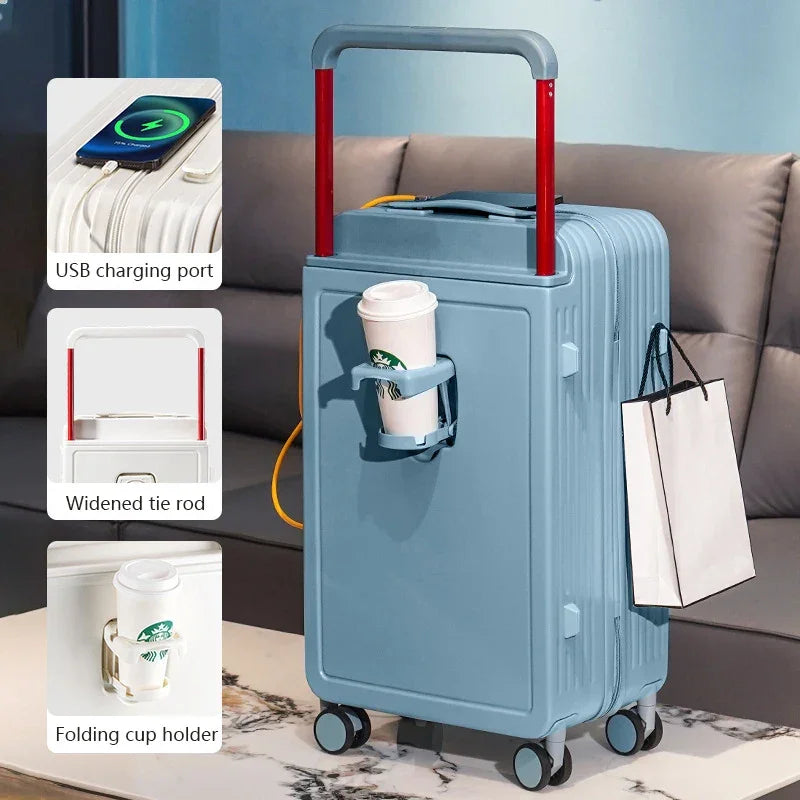 Wide Handle Travel Suitcase Carry-On With Cup Holder, USB Charging