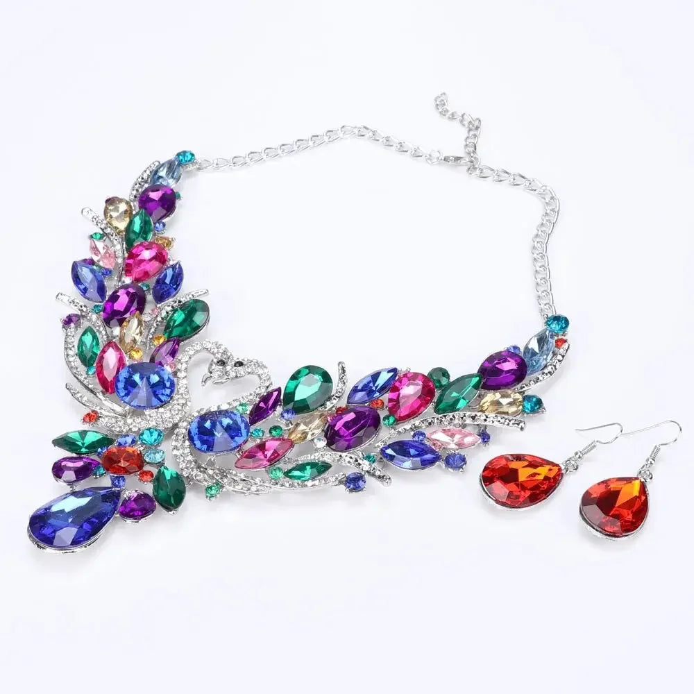 Crystal Bridal Jewelry Sets Gold Color Swan Pendant Necklace Women Gift Party Wedding Prom Necklace Earring Accessories