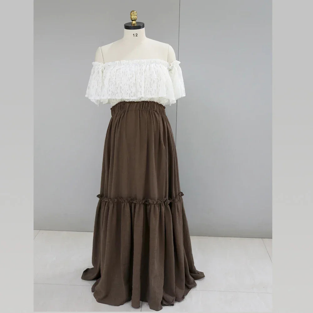 Boho Pregnant Dress Lace&Linen Cotton Combination Two Piece Set Contrast color retro design sense PhotoShoot Pregnancy Dress