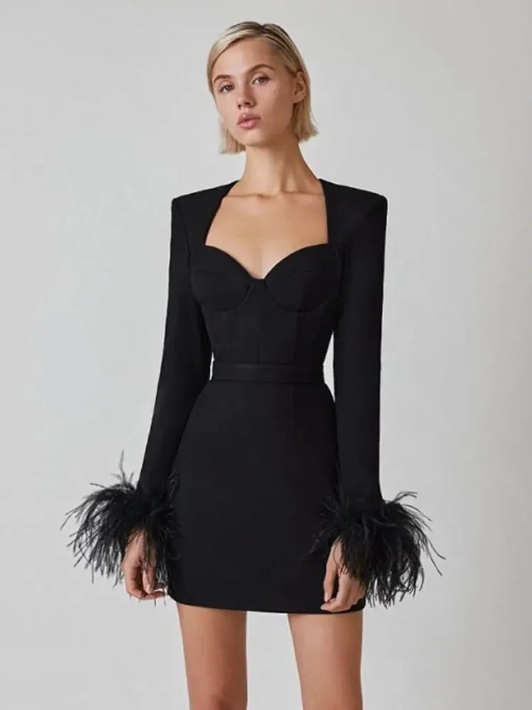 Sexy Long Sleeve Feather Mini Bodycon Dress