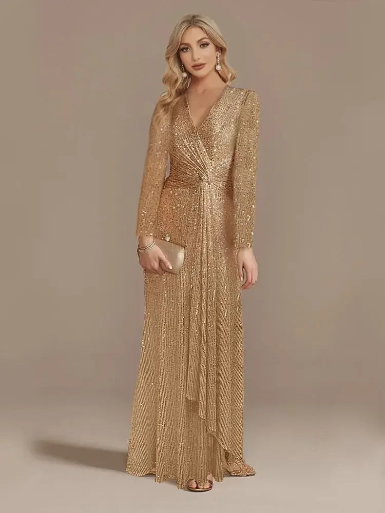 Luxury Long Sleeve V-Neck Formal Evening Dress