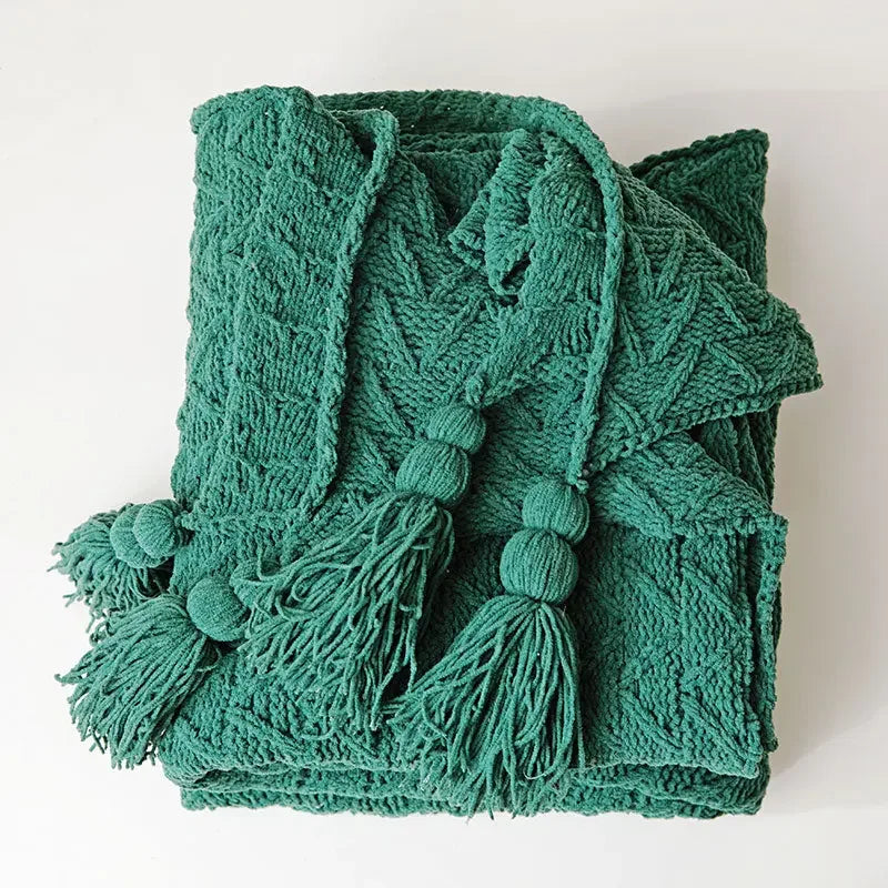 Chunky Knit Chenille Blanket With Pompoms