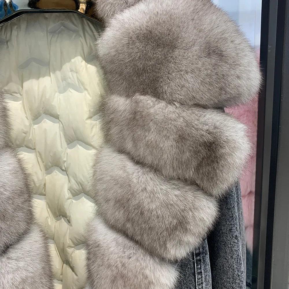 Real Fur Jean Coats Fashion Fur Overcoat Women Denim Jackets with Fox Fur Collar