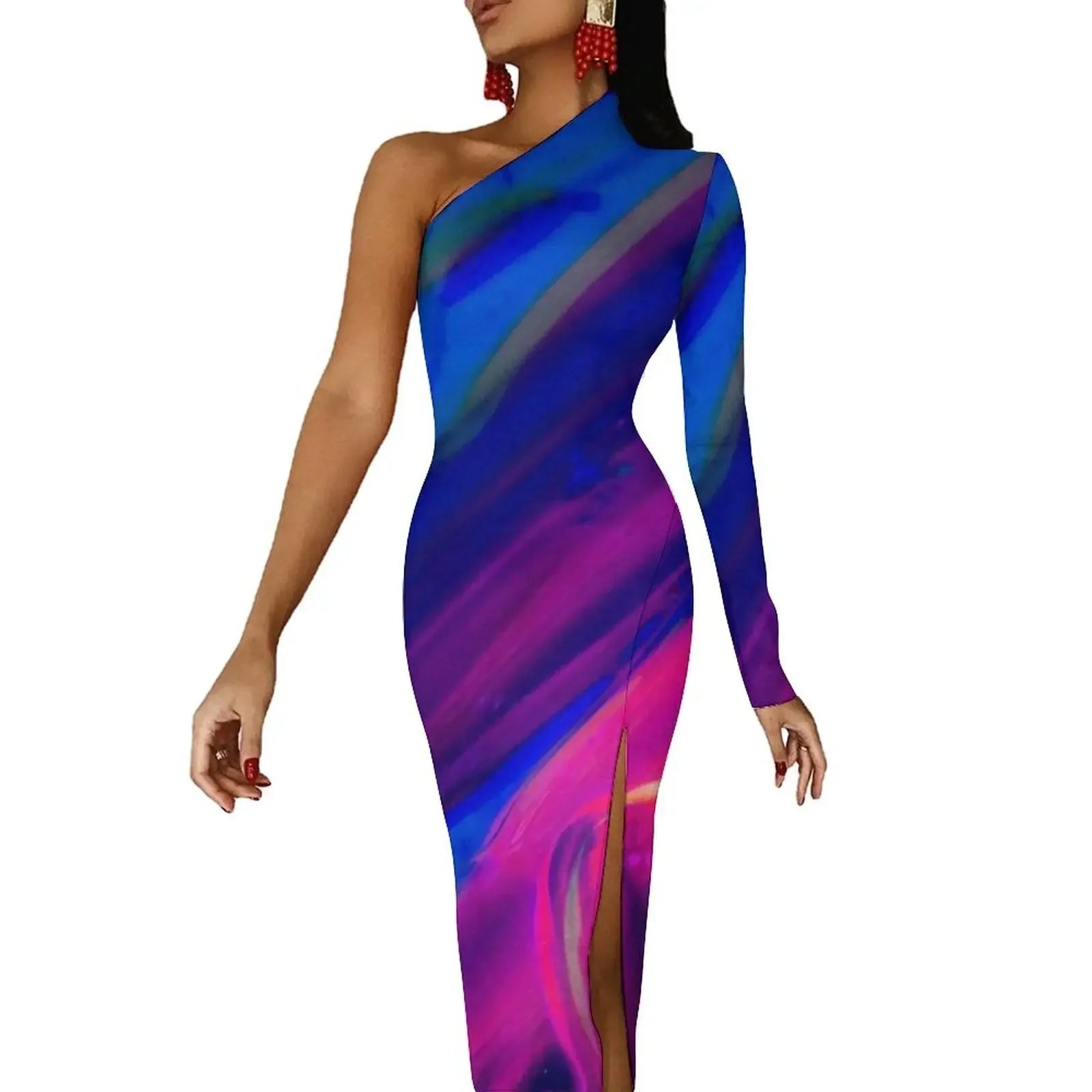Neon Paint Long Dress Women Graffiti Splatter Print Party Maxi Dress Summer Long Sleeve Sexy Bodycon Dresses Side Split Clothes