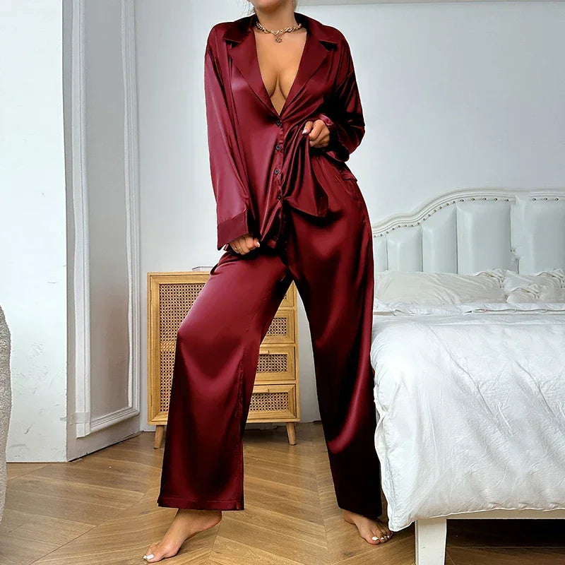 Women's Satin Silk Sleepwear Low Cut Sexy Home Clothes Pajamas For Femme Single-Breasted Long Sleeves Wide Leg Pants Trouser Set