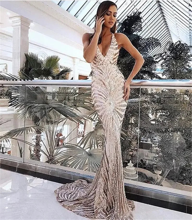 LUX Sequin Crystal Beaded Champagne Deep V Formal Gown