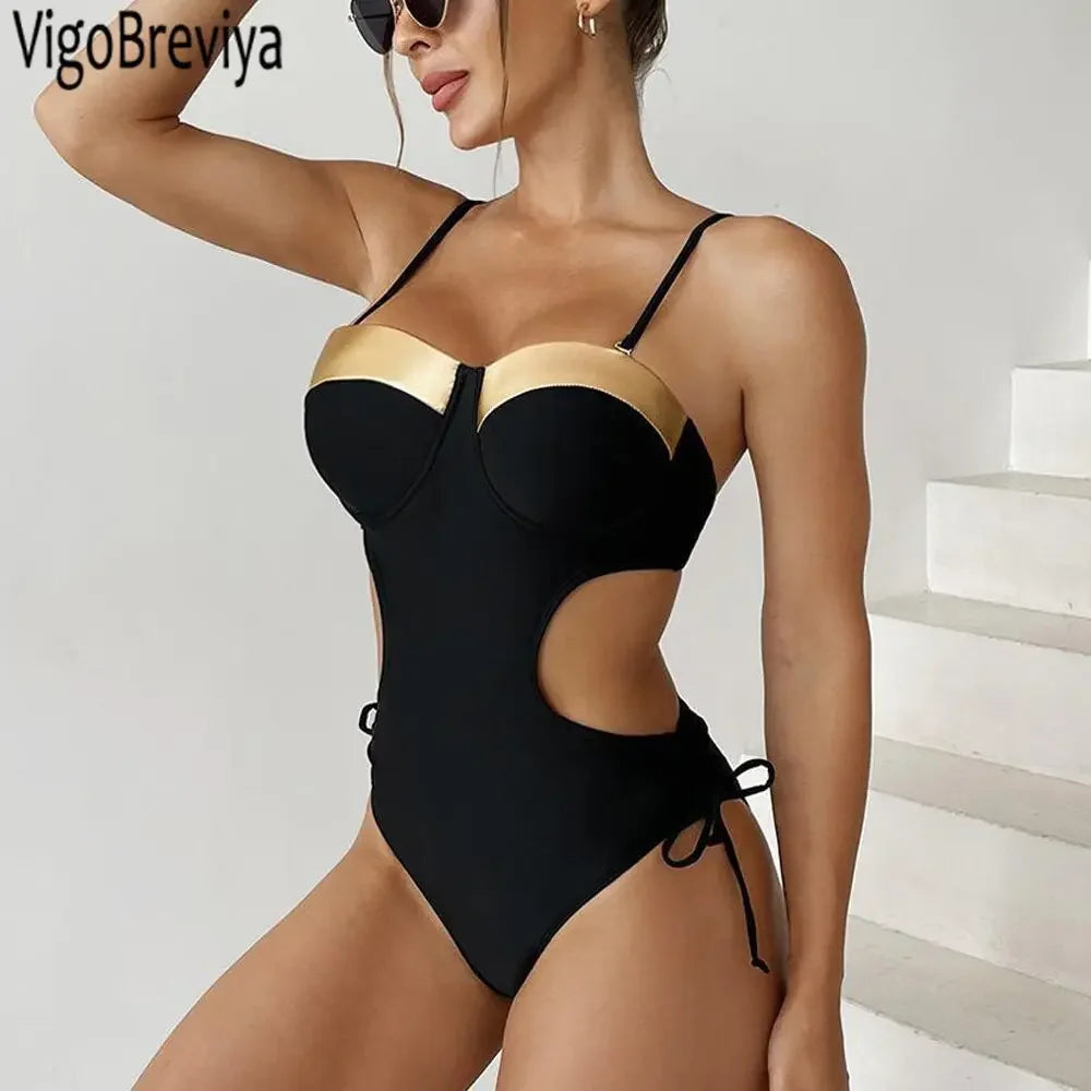 VigoBeviya 2023 Black Strapped Swimwear Women Sexy Hollow Push UP One Piece Swimsuit Monokini Blackless Beach Bathing Suit