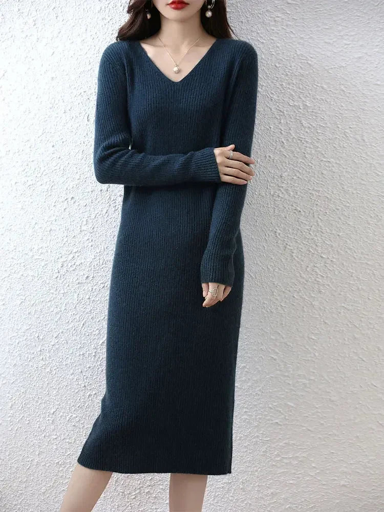 Elegant Long Sleeve Ribbed 100% Merino Wool Sweater Dress