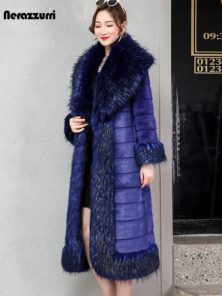 Nerazzurri Winter Long Striped Warm Sapphire Blue Luxury Fluffy Faux Mink Fur Coat with Fox Fur Trim European Overcoat Fashion