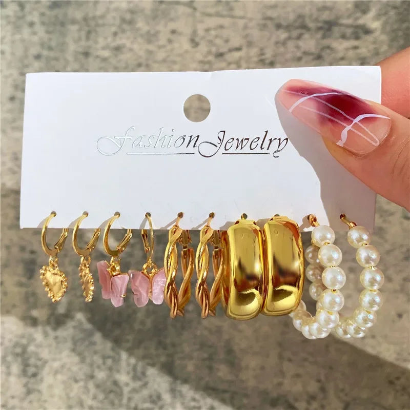 Boho Big Circle Hoop Earring Set for Women, Gold Color Bohemia Vintage Pearl Earring, Heart Zircon Ear Studs Jewelry Gifts