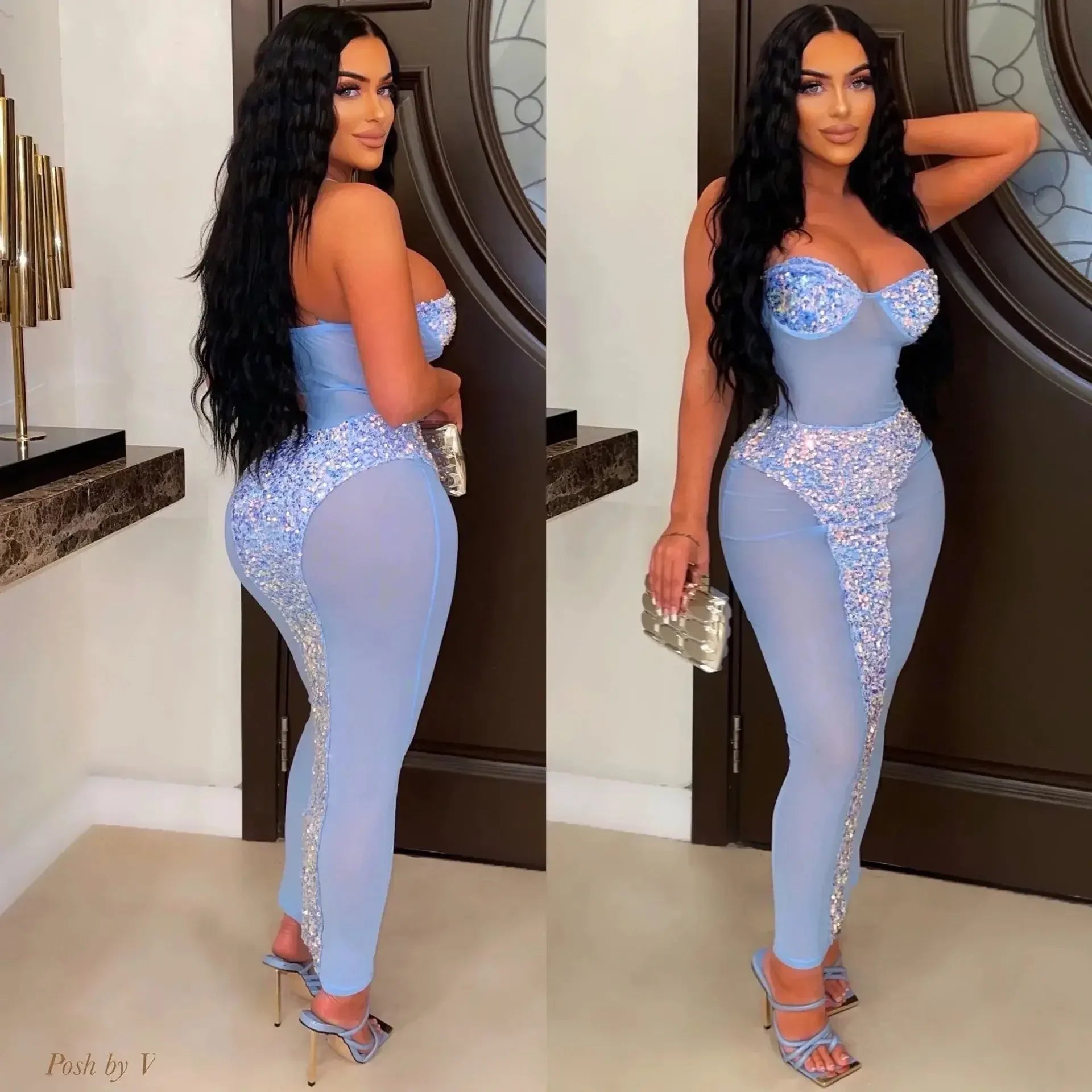 Sexy Mesh Sequin Corset Maxi Party Dress