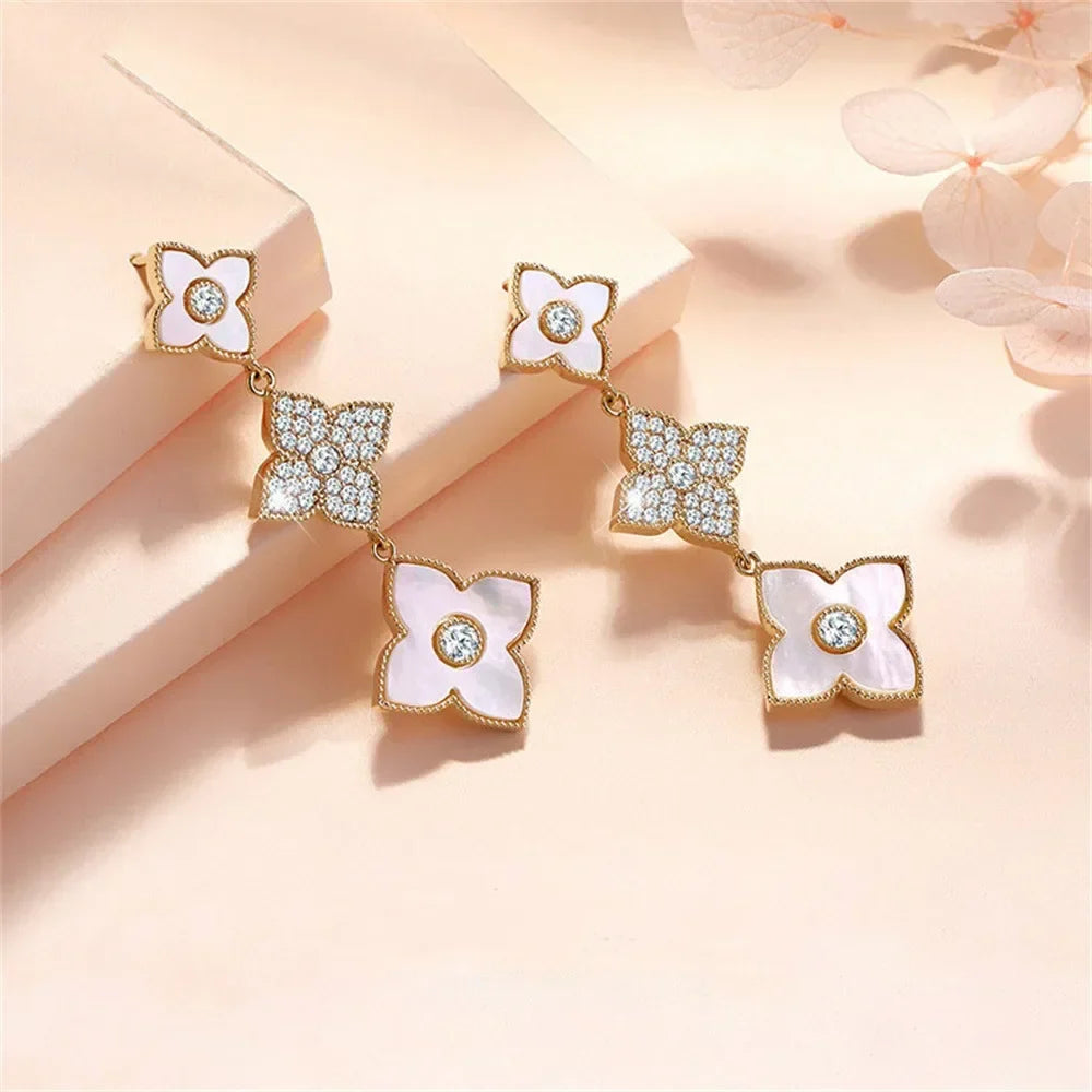 Clover Gold Earrings Repeated Use Earring Rhombus Sanhua Clover Gold Stud Earrings Beautiful Color Popular Accessories Long
