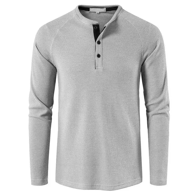 Fashion Waffle Cotton T Shirt Men 2023 Autumn New Slim Fit Long Sleeve Henley Tshirt Men Streetwear Casual Solid Color T-Shirt