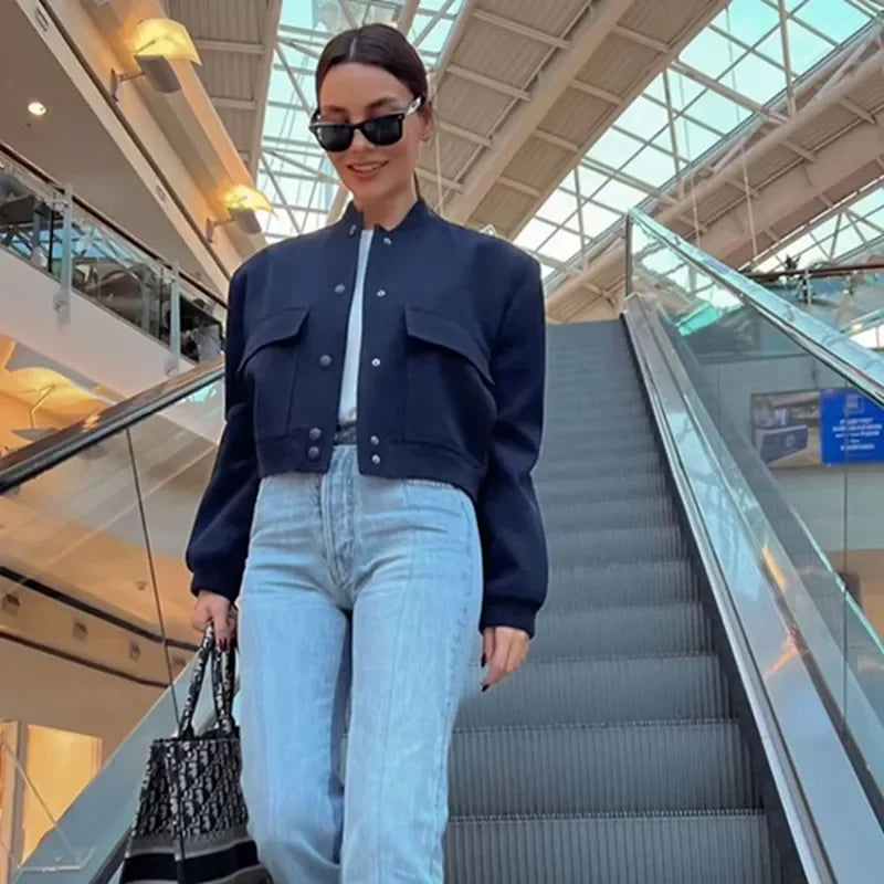 Bomber Jacket Women 2023 Fashion Button Pocket Long Sleeve Crop Tops Streetwear Baseball Jackets Winter Casual Coats Outerwear