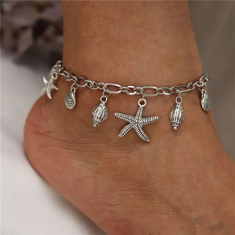 Modyle Vintage Silver Color Beads Starfish Anklets For Women Handmade Beaded Ankle Bracelet Summer Beach Foot Jewelry