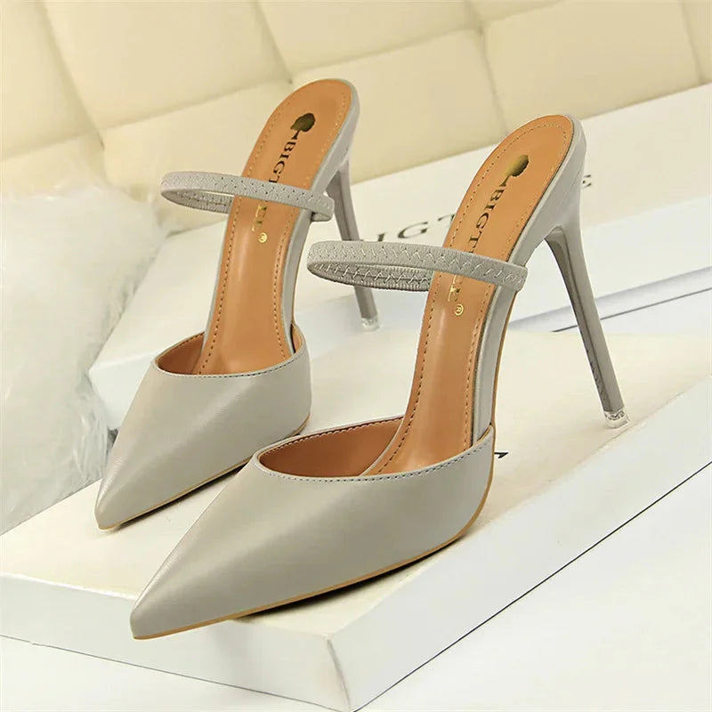Summer Retro Simple Women Shallow Mouth Thin High Heels Mules Slingbacks Slippers Pointed Toe Hollow Wedding Slip On Pumps Shoes