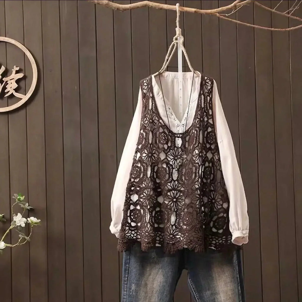 2024 Women Beach Crochet Daily Hollow Out Knit Loose-fitting Round Collar Spaghetti Strap Crop Top Scalloped Loose Vest L45