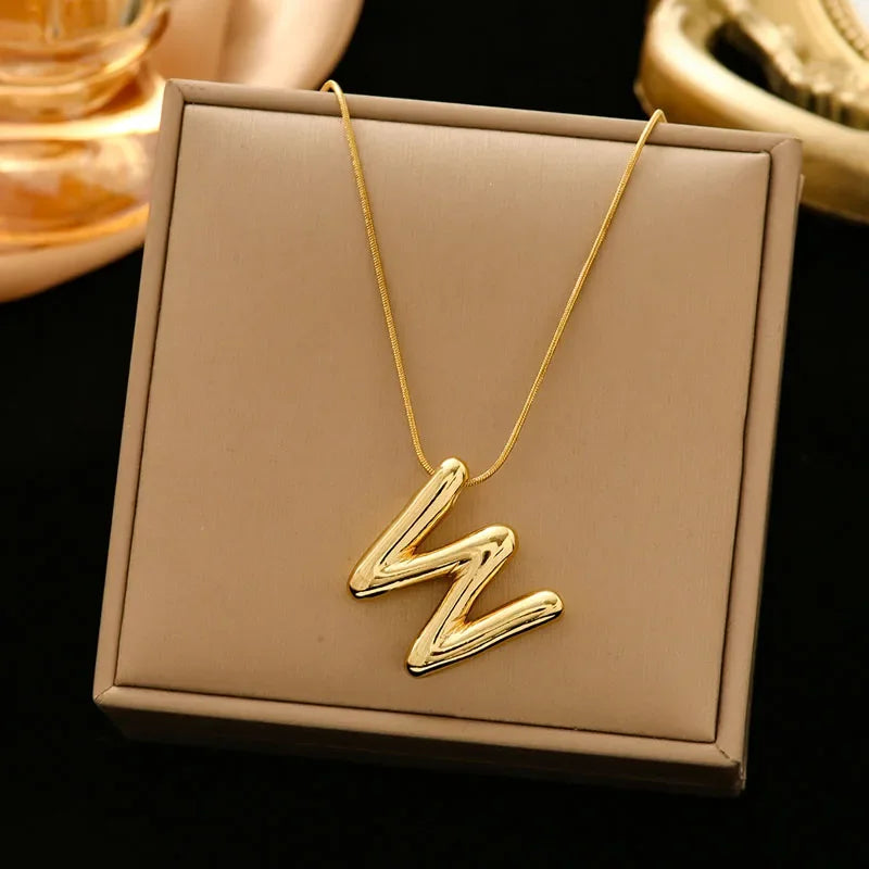 Stainless Steel Chain Gold Plated Letter Necklaces Chunky Alphabet Balloon Bubble Initial Pendant Necklace for Women Men Jewelry
