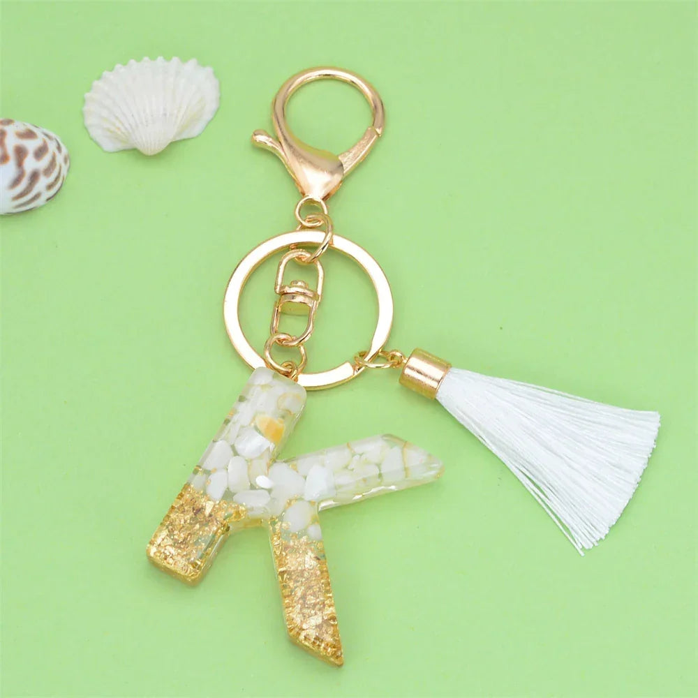 Fashion Bling A to Z Letter Keychain With White Tassel 26 Initial Keychain Car Key Holder Handbag Accessories