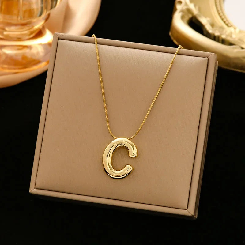 Stainless Steel Chain Gold Plated Letter Necklaces Chunky Alphabet Balloon Bubble Initial Pendant Necklace for Women Men Jewelry