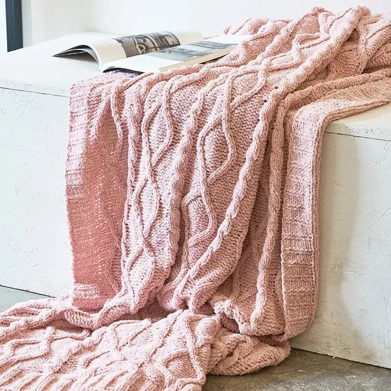 Chunky Knit Chenille Blanket With Pompoms
