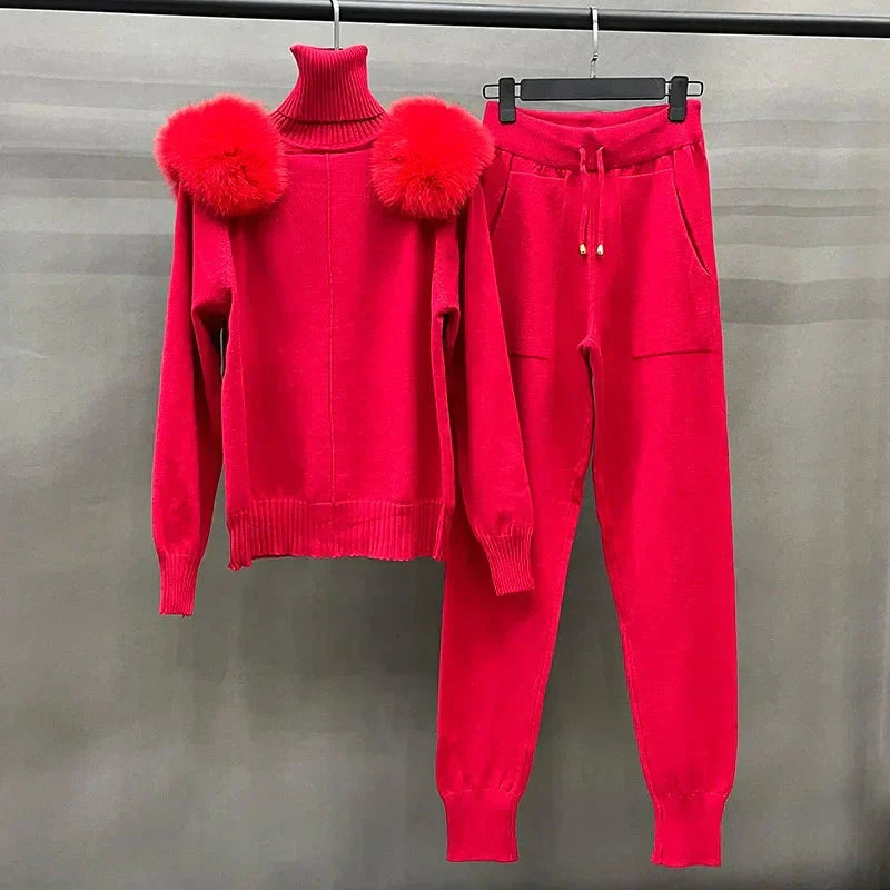 Women's Wool & Fox Fur Collar Knit Outfit