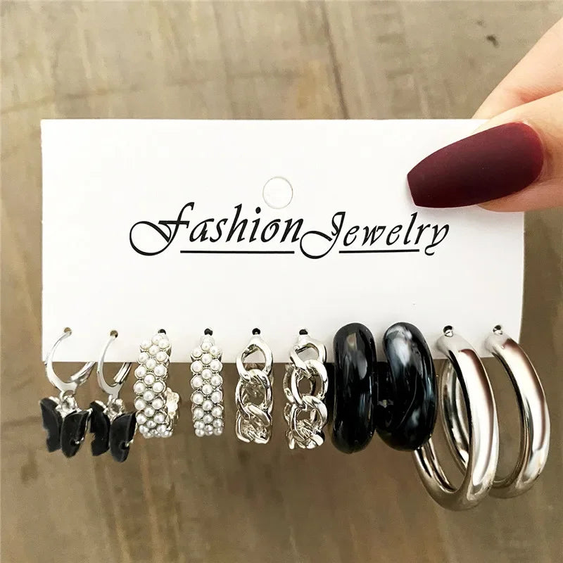 Boho Big Circle Hoop Earring Set for Women, Gold Color Bohemia Vintage Pearl Earring, Heart Zircon Ear Studs Jewelry Gifts