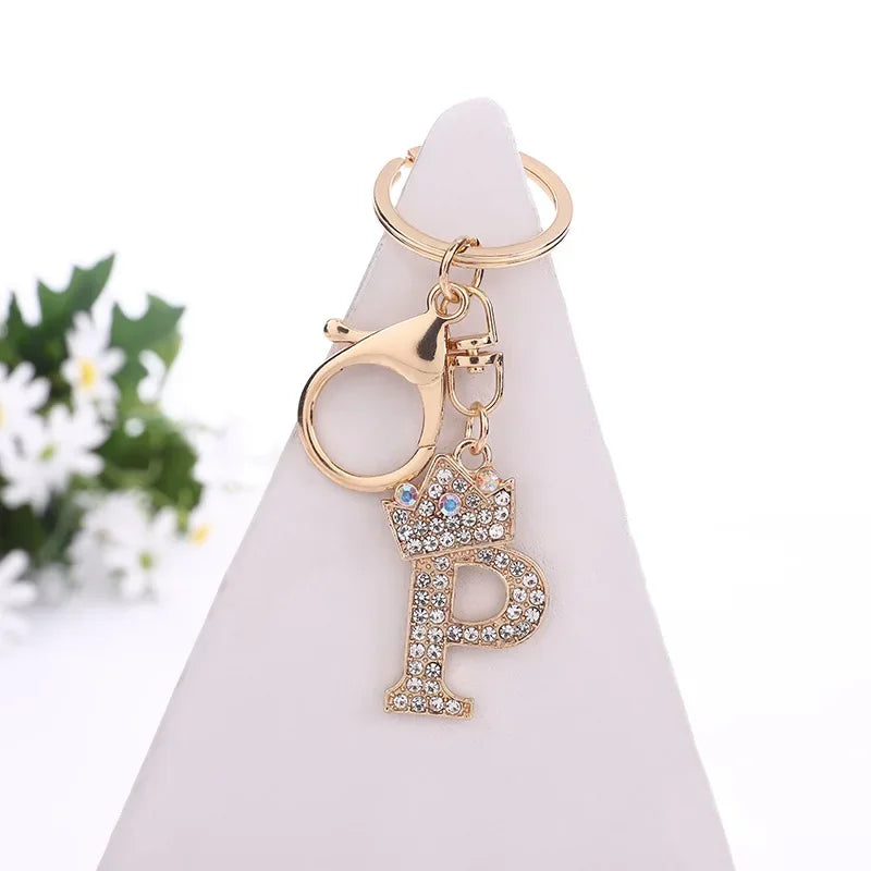 Luxury Crown 26 Letter Metal Keyring Fashion Rhinestone Keychain