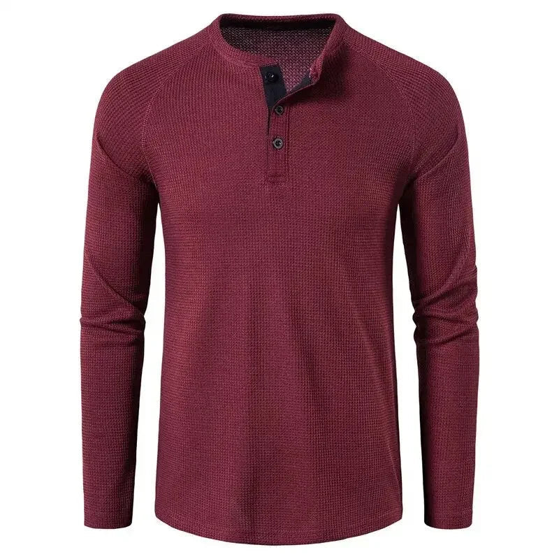 Fashion Waffle Cotton T Shirt Men 2023 Autumn New Slim Fit Long Sleeve Henley Tshirt Men Streetwear Casual Solid Color T-Shirt