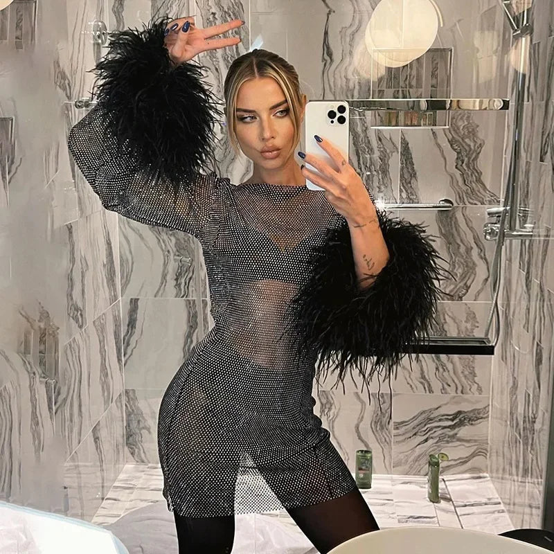 Sequins Tassel Feather Mini Dress Women Summer Evening Elegant Club Party Dresses Full Sleeve See Through Sexy Mesh Prom Outfit