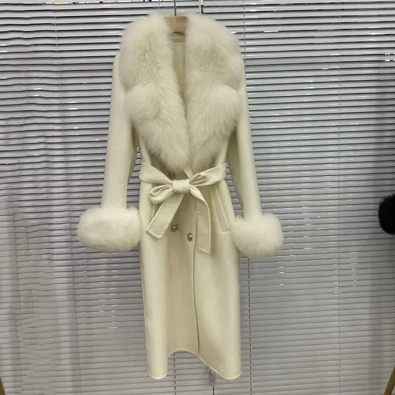 Long Wool Cashmere Blended Coat Real Fox Fur Cuffs & Collar