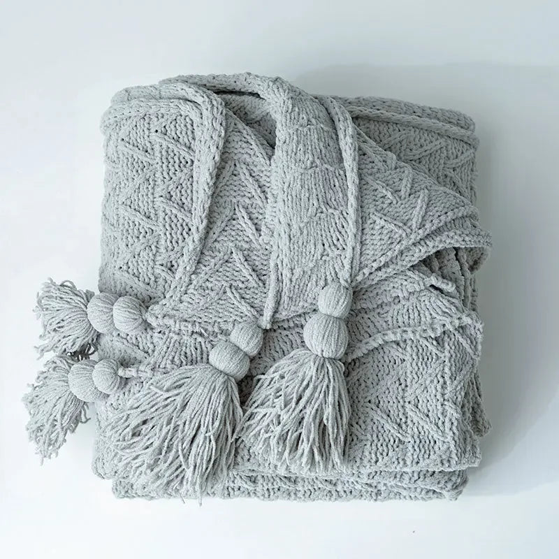 Chunky Knit Chenille Blanket With Pompoms