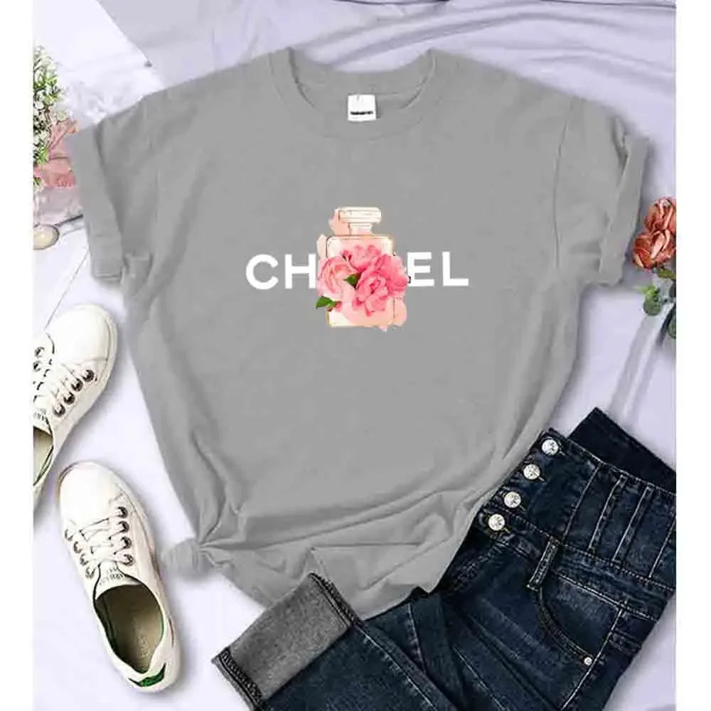 Women Summer T-Shirt Alphabet Flowers Perfume Print Cotton Tees Luxury Short Sleeve Tee Solid Color Street Y2K Top Female Cloth