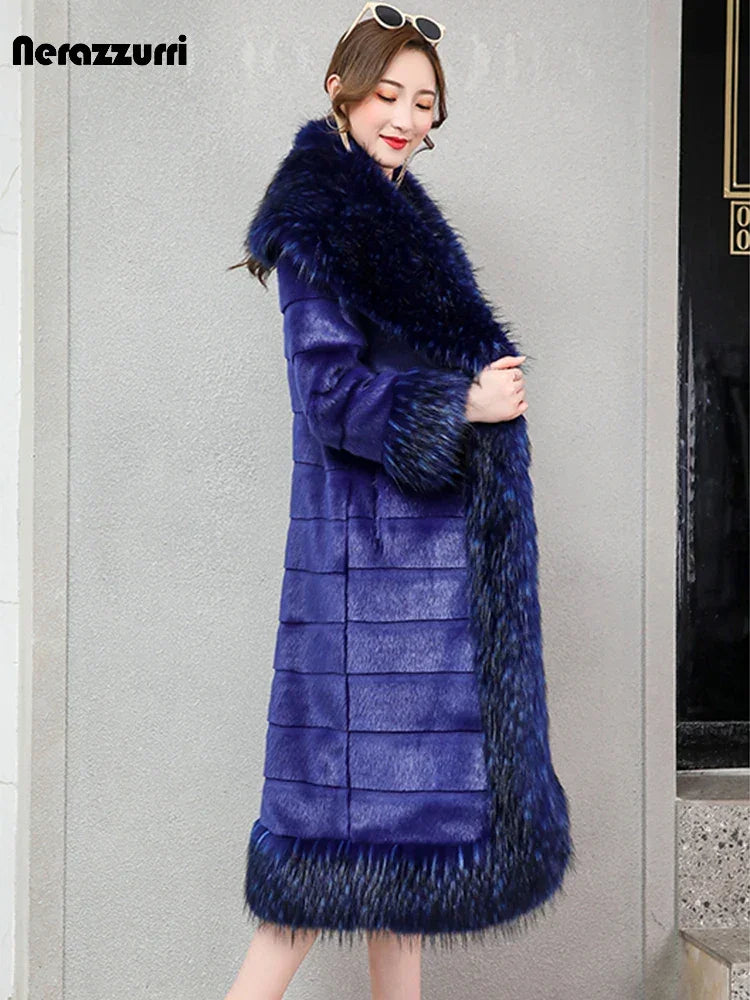 Nerazzurri Winter Long Striped Warm Sapphire Blue Luxury Fluffy Faux Mink Fur Coat with Fox Fur Trim European Overcoat Fashion