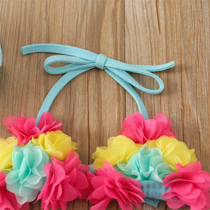 Infant Baby Girl Swimsuit 3D Flower Sleeveless Halter Tank Top Bikini Bottom with Sun Hat Set 0-24M