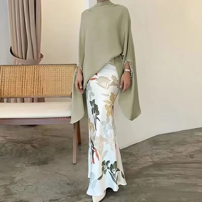 Satin Elegant Blouse & Slim Long Skirt Suit