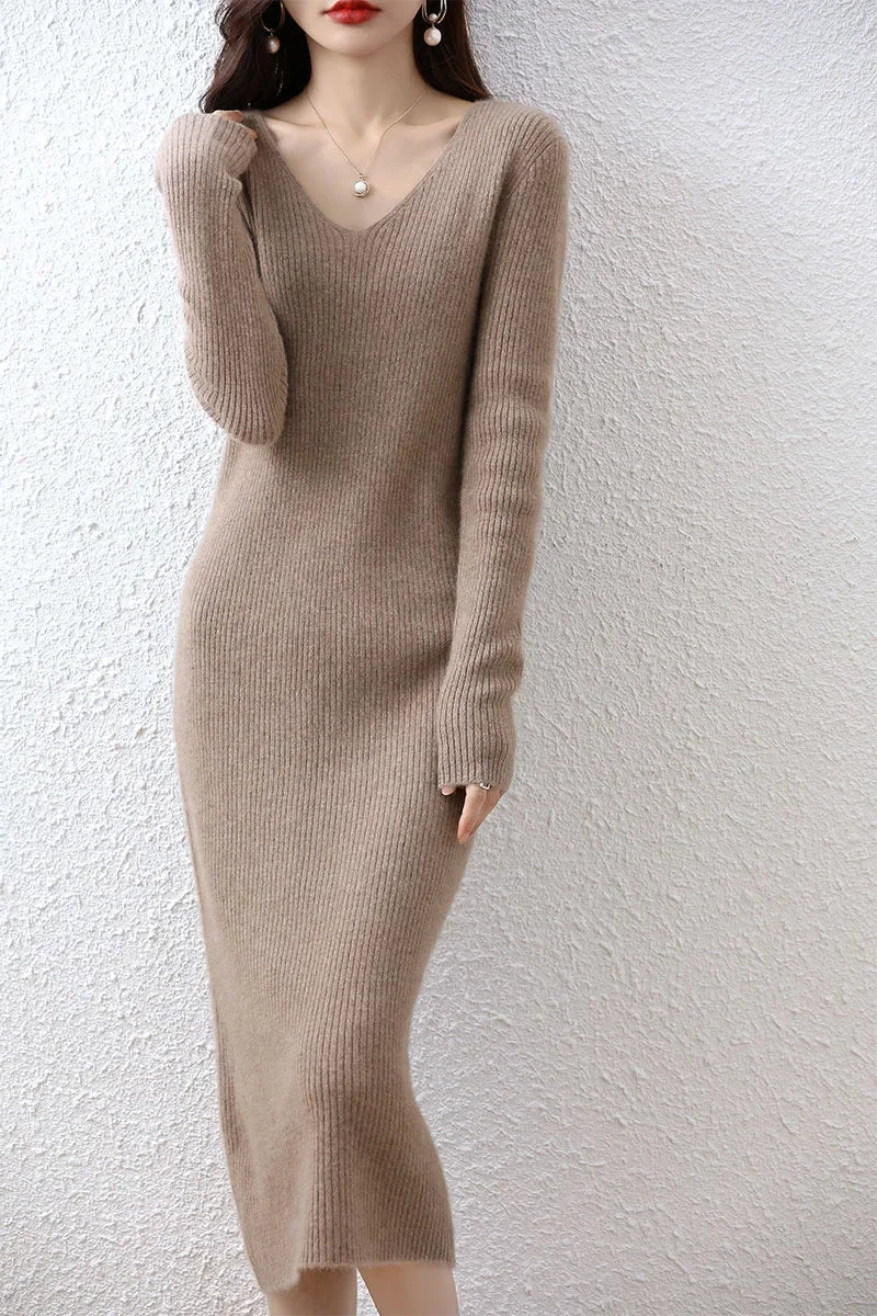 Elegant Long Sleeve Ribbed 100% Merino Wool Sweater Dress