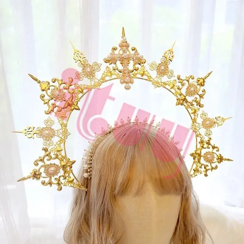 Sun Goddess Angel KC Halo Crown Headpiece Queen Anna Baroque Pearl Tiara Headband Lolita Collection Gothic Accessories