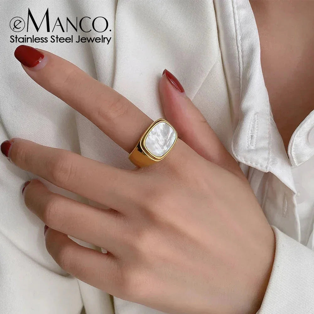 Vintage Chunky Square Shell Rings  White Gold Color
