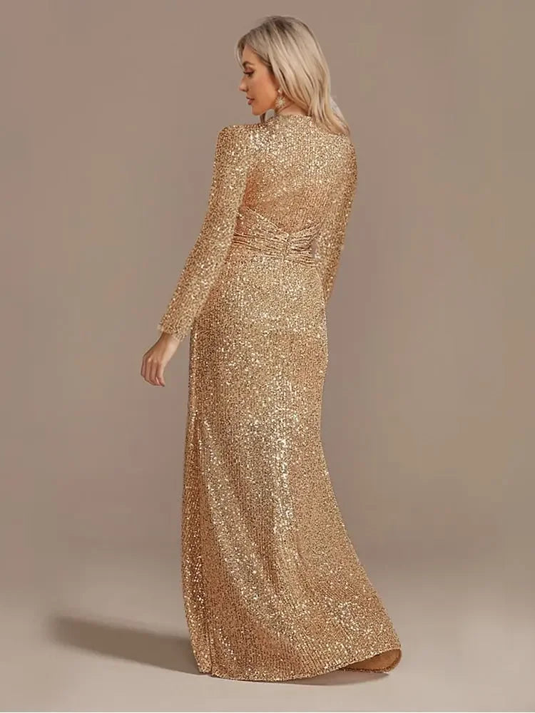 Luxury Long Sleeve V-Neck Formal Evening Dress
