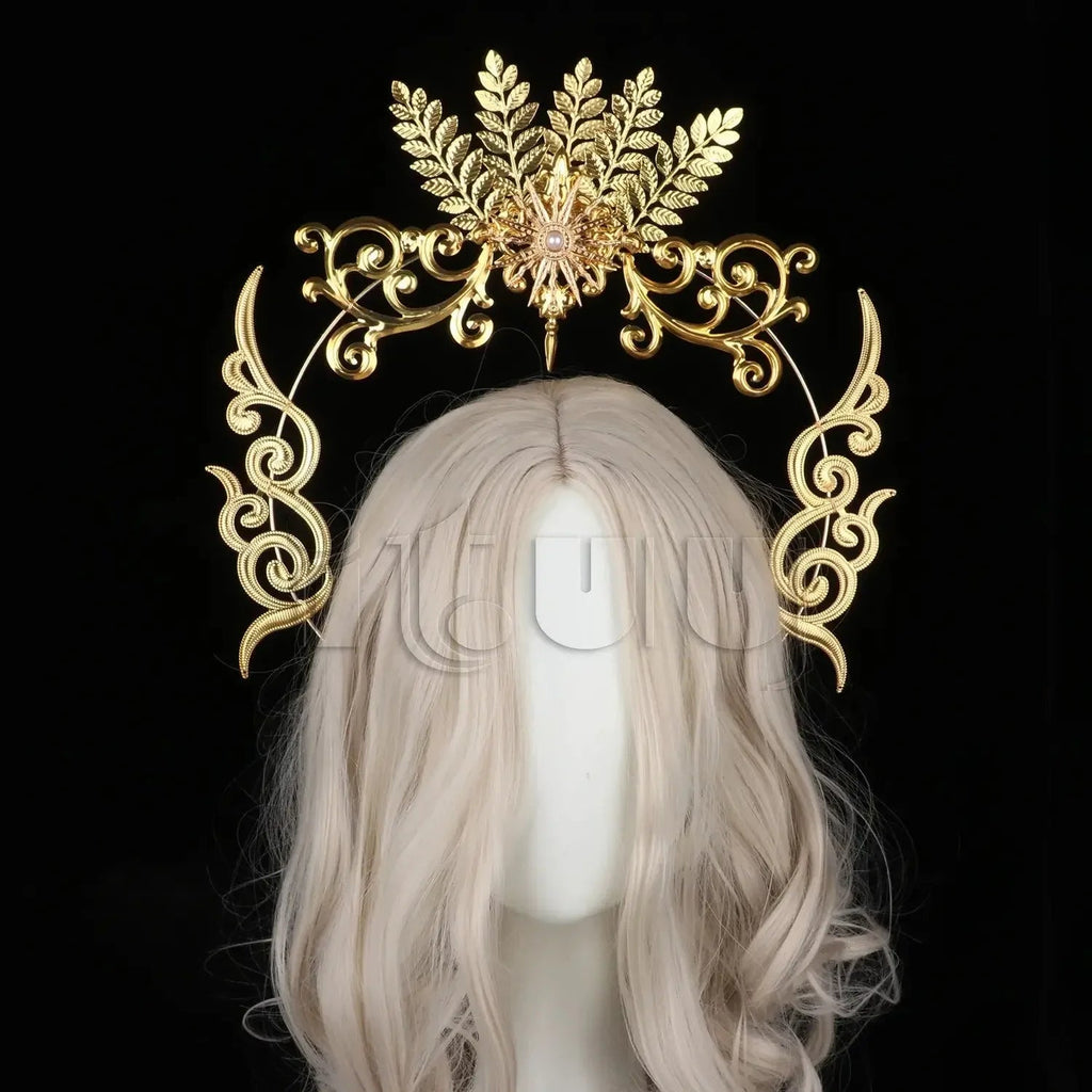 Sun Goddess Angel KC Halo Crown Headpiece Queen Anna Baroque Pearl Tiara Headband Lolita Collection Gothic Accessories