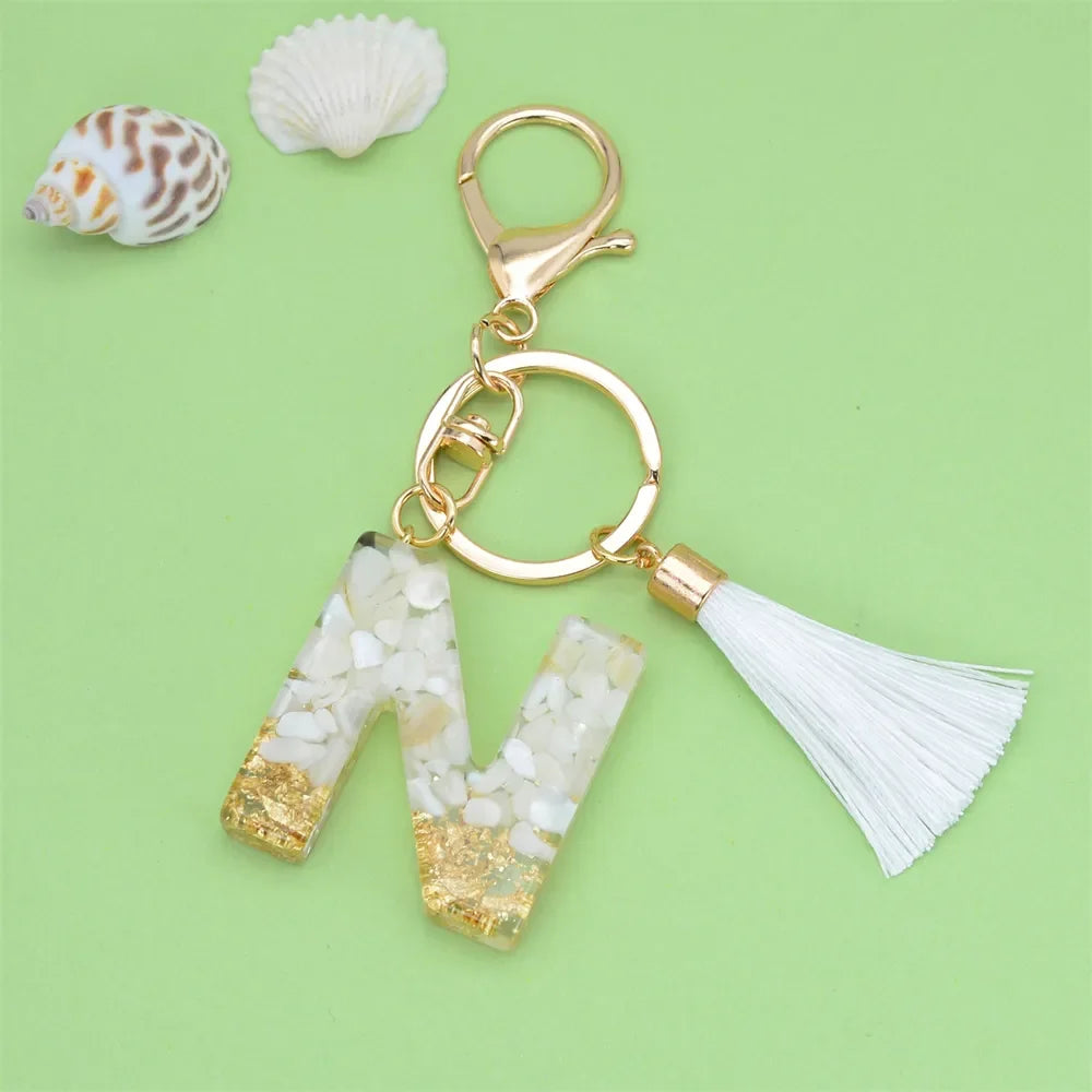 Fashion Bling A to Z Letter Keychain With White Tassel 26 Initial Keychain Car Key Holder Handbag Accessories