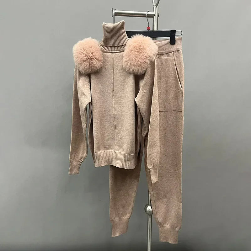 Women's Wool & Fox Fur Collar Knit Outfit
