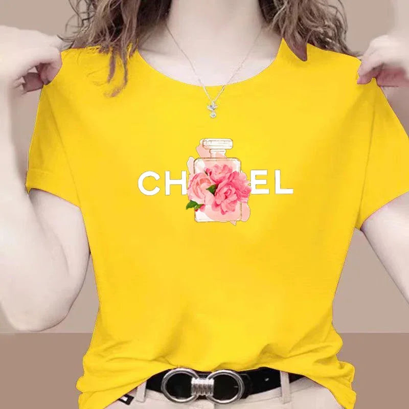 Women Summer T-Shirt Alphabet Flowers Perfume Print Cotton Tees Luxury Short Sleeve Tee Solid Color Street Y2K Top Female Cloth