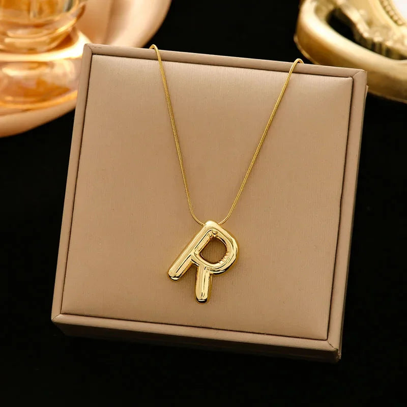 Stainless Steel Chain Gold Plated Letter Necklaces Chunky Alphabet Balloon Bubble Initial Pendant Necklace for Women Men Jewelry