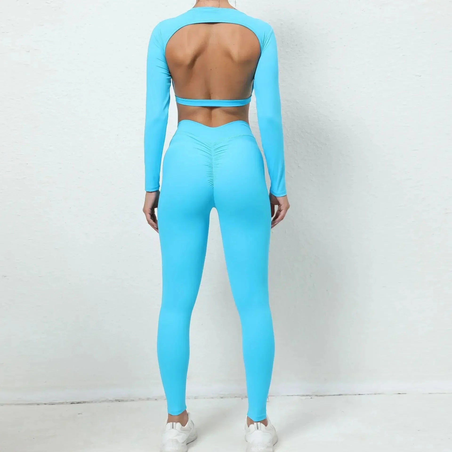 Seamless Backless Yoga Sets Sports Fitness High Waist Hip-lifting Trousers Long-Sleeved Suit Workout Gym Leggings Set for Women